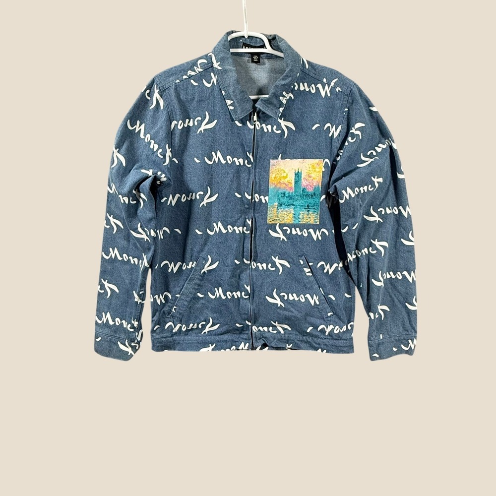 Knitswell Monet Houses of Parliament Denim Jacket Blue Script Print Small